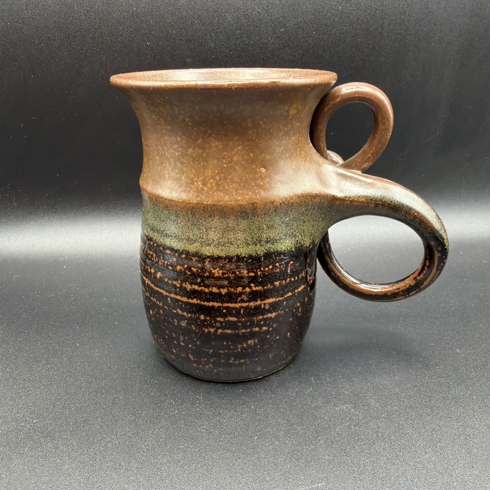Handmade Wheel Thrown Stoneware Pottery Mug Earthy Tones Unique Handle 5" Tall - Picture 3 of 6